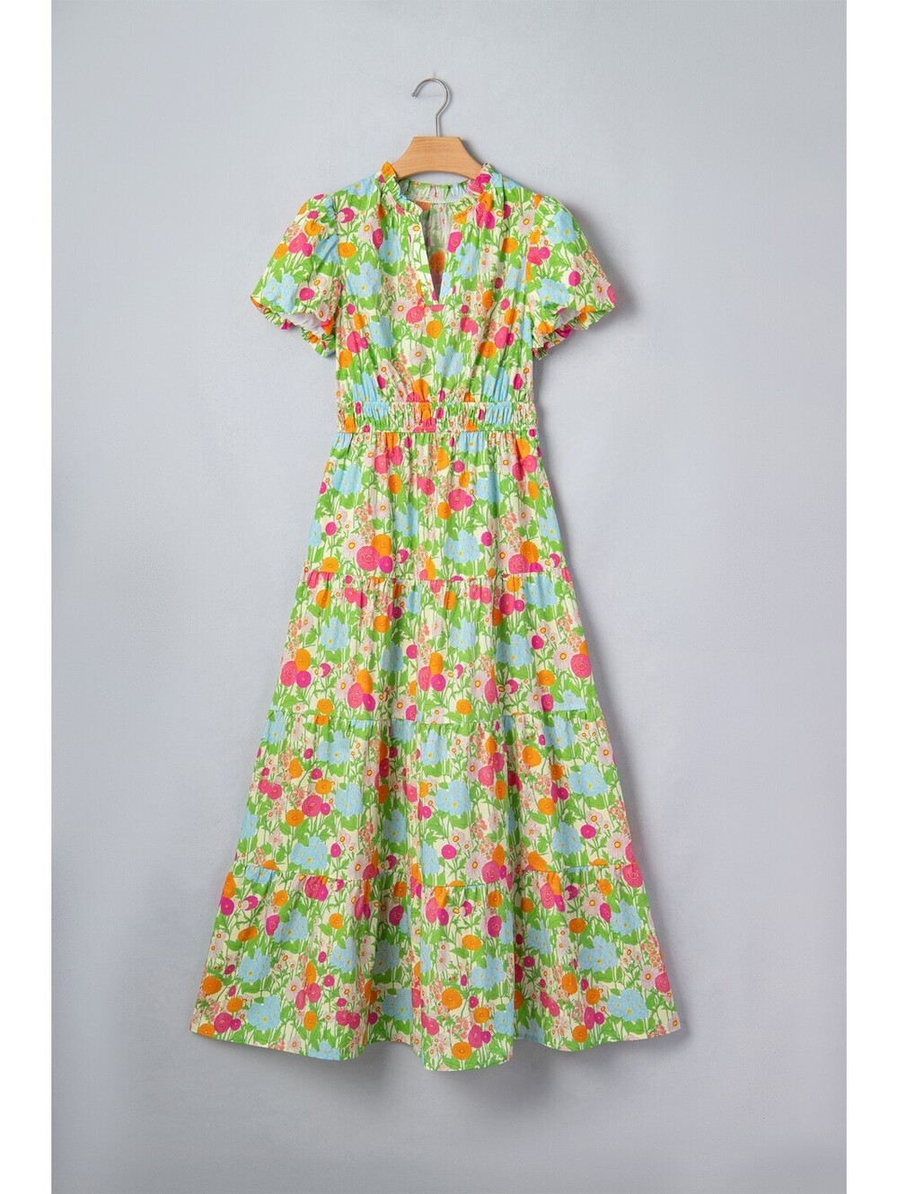 Floral Print Puff Sleeve Maxi Dress with Elastic Waist